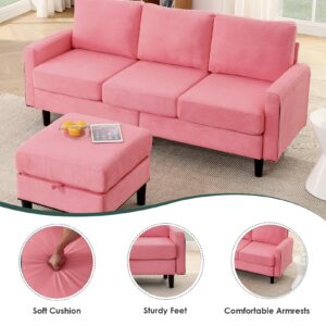 TMEOSK Convertible Sectional Sofa Couch, 3-Seat L-Shaped Sofa with Reversible Storage Ottoman, Modern Linen Fabric Upholstered Sofa Furniture Sets for Living Room Small Space Apartment (Pink)