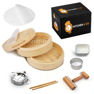 kitchen & co 10-inch dumpling bamboo steamer- complete set of 2 tier bamboo steamer basket 2 chopsticks, 1 rolling pin, ceramic dish & more-bringing tradition to your table, one steamed dish at a time