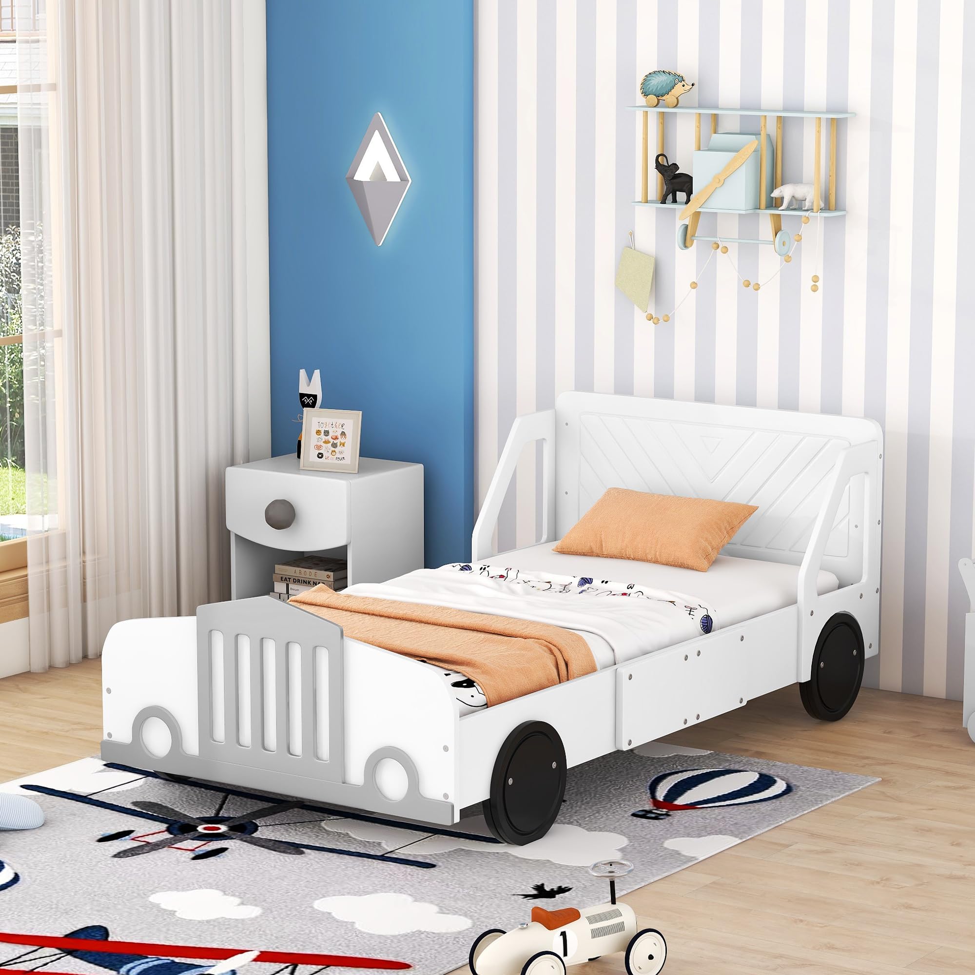 Linique Twin Car Bed,Wooden Twin Size Car-Shaped Platform Bed Frame with Wheels,White