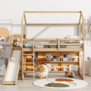 JIVOIT Twin Size Wood House Loft Bed with Slide, Storage Shelves and Light, 3 Beds in 1 Design House Bed with Bookshelf and Full-Length Guardrail, Built-in Ladder and Staircase (Wood Color-Light)