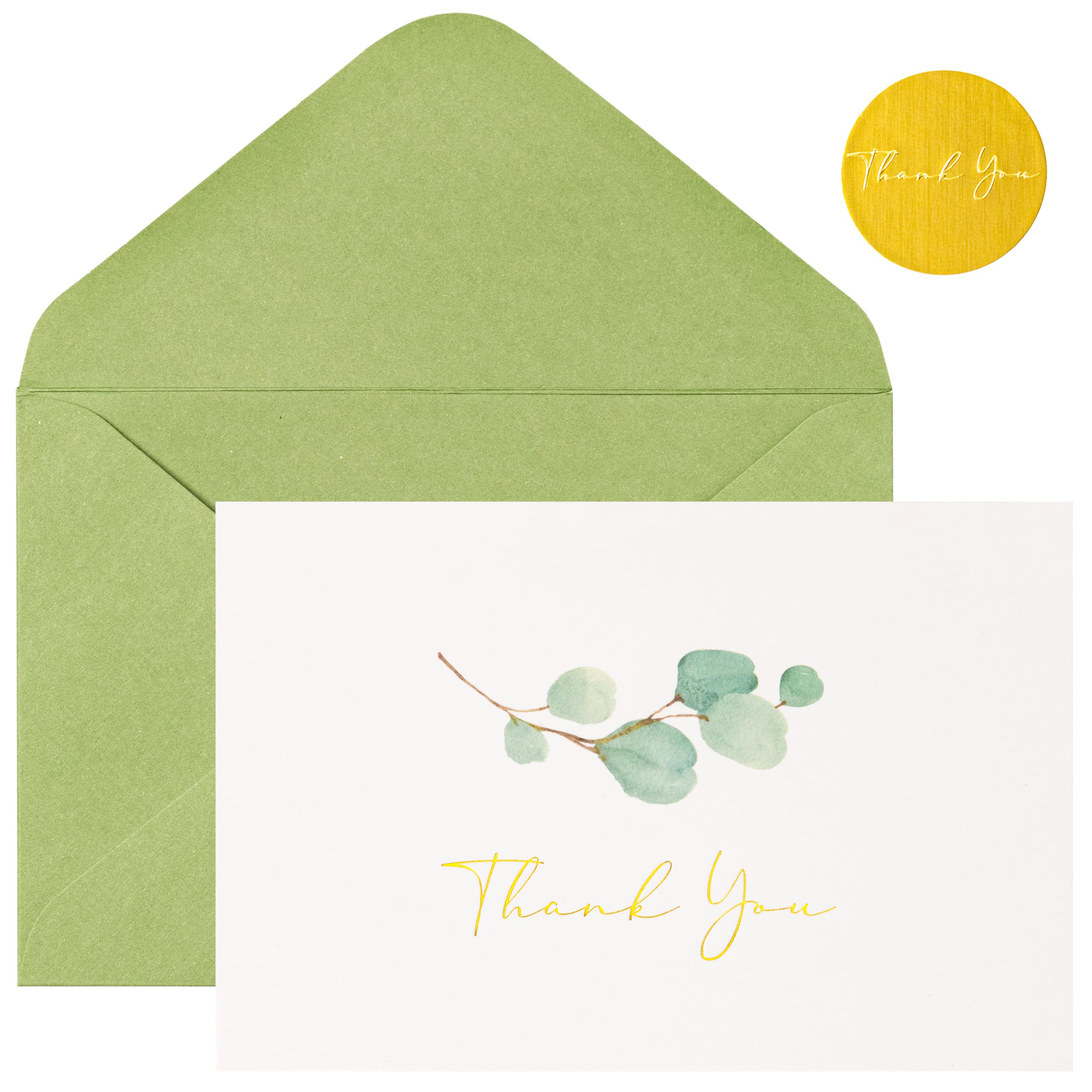 Crisky 100 PK Printable Greenery Thank You Cards with Envelopes Bulk - 5.25 x 3.5 Inches Gold Greenery Thank You Cards Notes for Wedding, Baby Shower, Bridal Shower, Small Business, Birthday