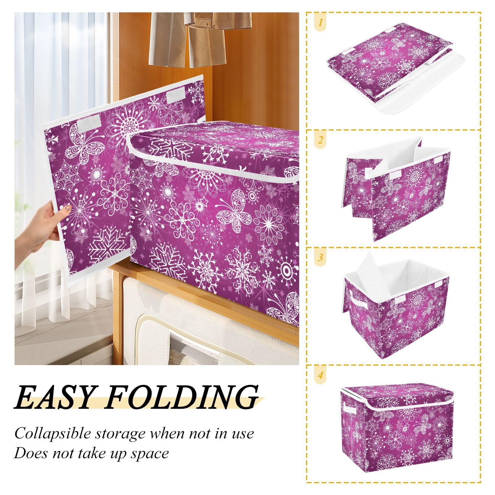 DALAWU Containers Baskets with Lids Christmas Purple Snowflake Fabric Foldable Storage Bins Organizer with Lid Collapsible Storage Boxes for Home Bedroom Closet Office