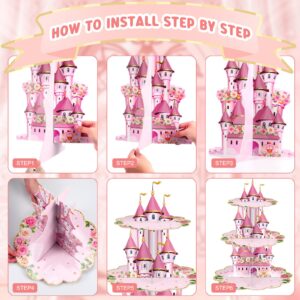 Zopeal 3 Tier Princess Birthday Cupcake Stand Party Decorations Floral Princess Cupcake Holder Pink Castle Crown Carriage Dessert Tower for Girls Birthday Princess Theme Baby Shower Party Supplies