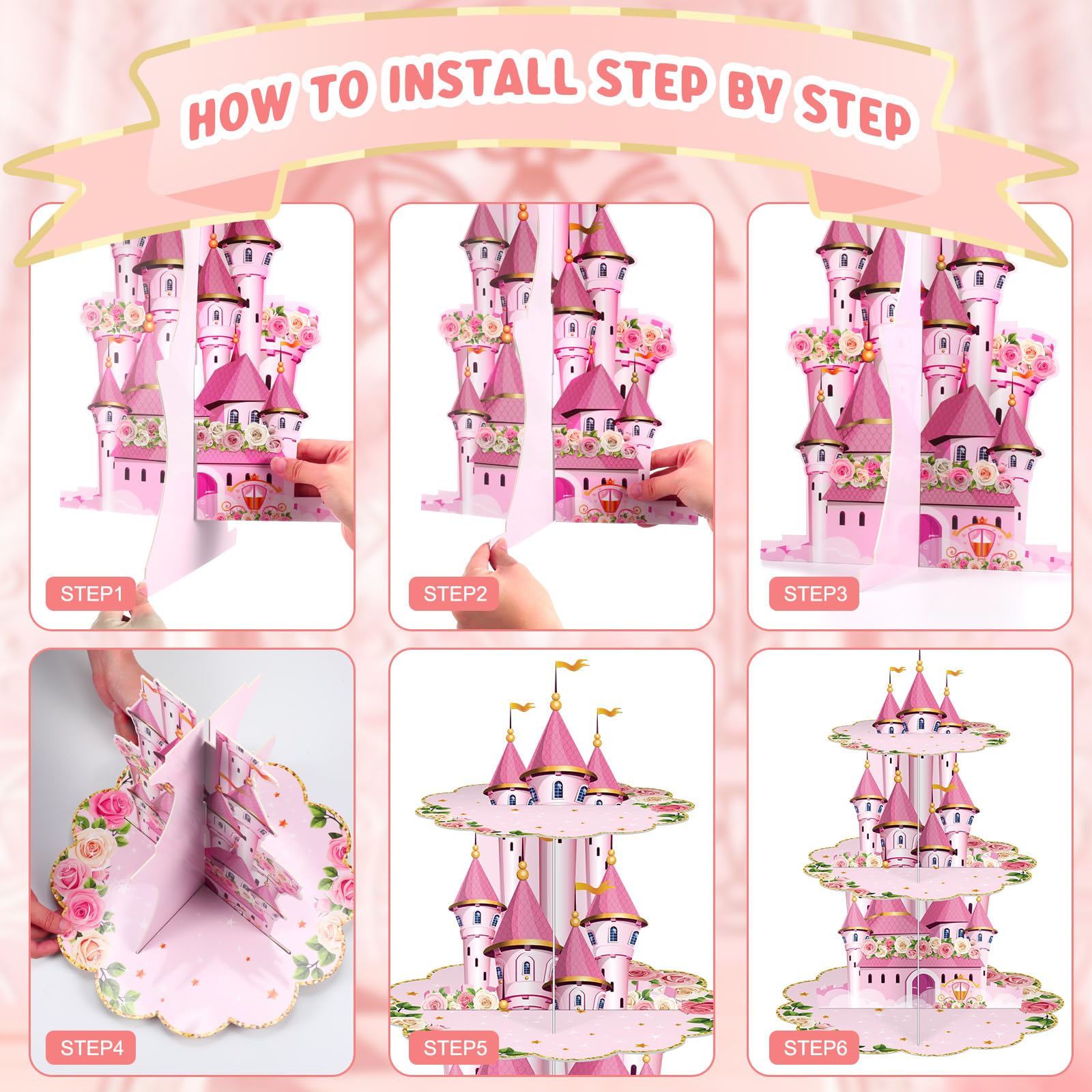 Zopeal 3 Tier Princess Birthday Cupcake Stand Party Decorations Floral Princess Cupcake Holder Pink Castle Crown Carriage Dessert Tower for Girls Birthday Princess Theme Baby Shower Party Supplies