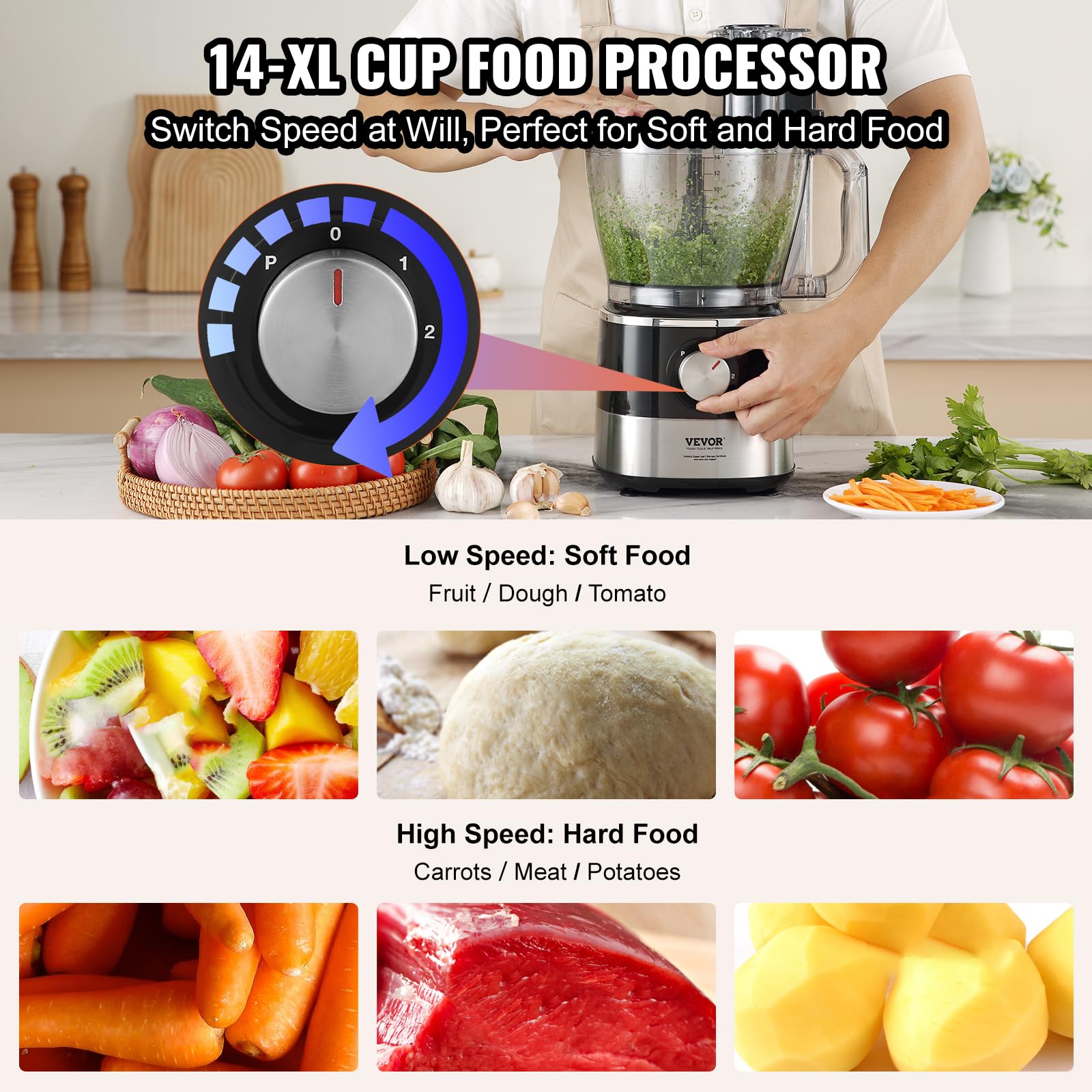 VEVOR Food Processor, 16 Cup Large Vegetable Chopper 600 Watts 2 Speed & Pulse Electric Meat Chopper, 2 In 1 Big Feed Chute & Pusher 5Pcs Blade & Dics for Mixing, Slicing, and Kneading Dough