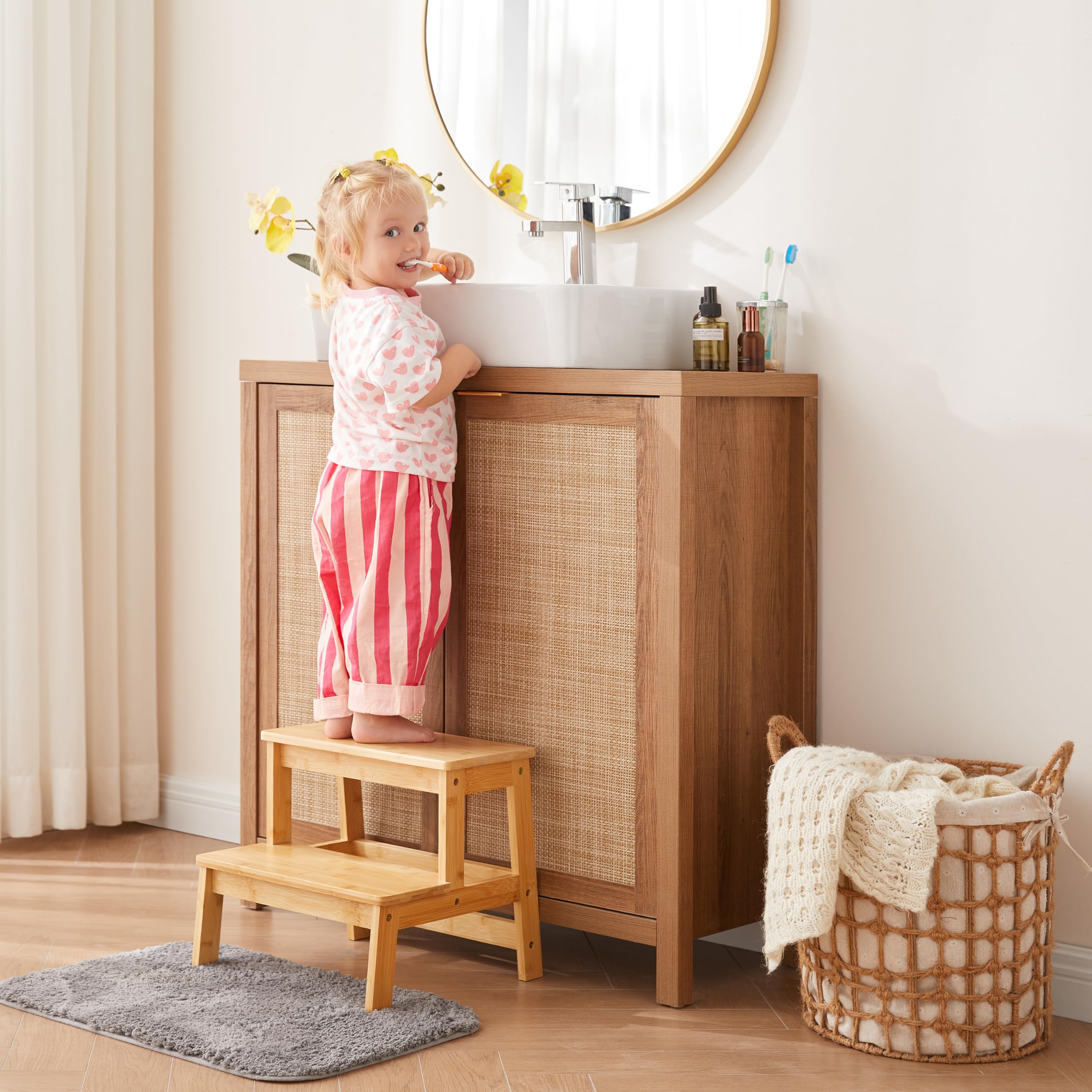 Bamboo Step Stools for Adults Kids, 2 Step Stool for Kichen/Bathroom/Bedside Step Stool - Holds up to 350Lb (Natural)