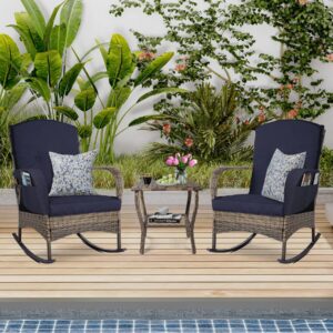 CIRMUBUY 3-Piece Outdoor Furniture Set, Patio Conversation Chair, Wicker Cushioned Patio Rocker with Side Table for Porch, Garden, Poolside & Deck, Blue