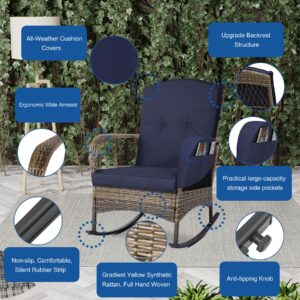 CIRMUBUY 3-Piece Outdoor Furniture Set, Patio Conversation Chair, Wicker Cushioned Patio Rocker with Side Table for Porch, Garden, Poolside & Deck, Blue