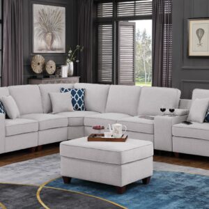 YOPTO Linen Upholstered Sectional Sofa with Removable Ottoman,U-Shape 6 Seat SectionalCouch W/Cupholder Console Part and USB Port for Living Room,Apartment, Spacious Space,Light Gray