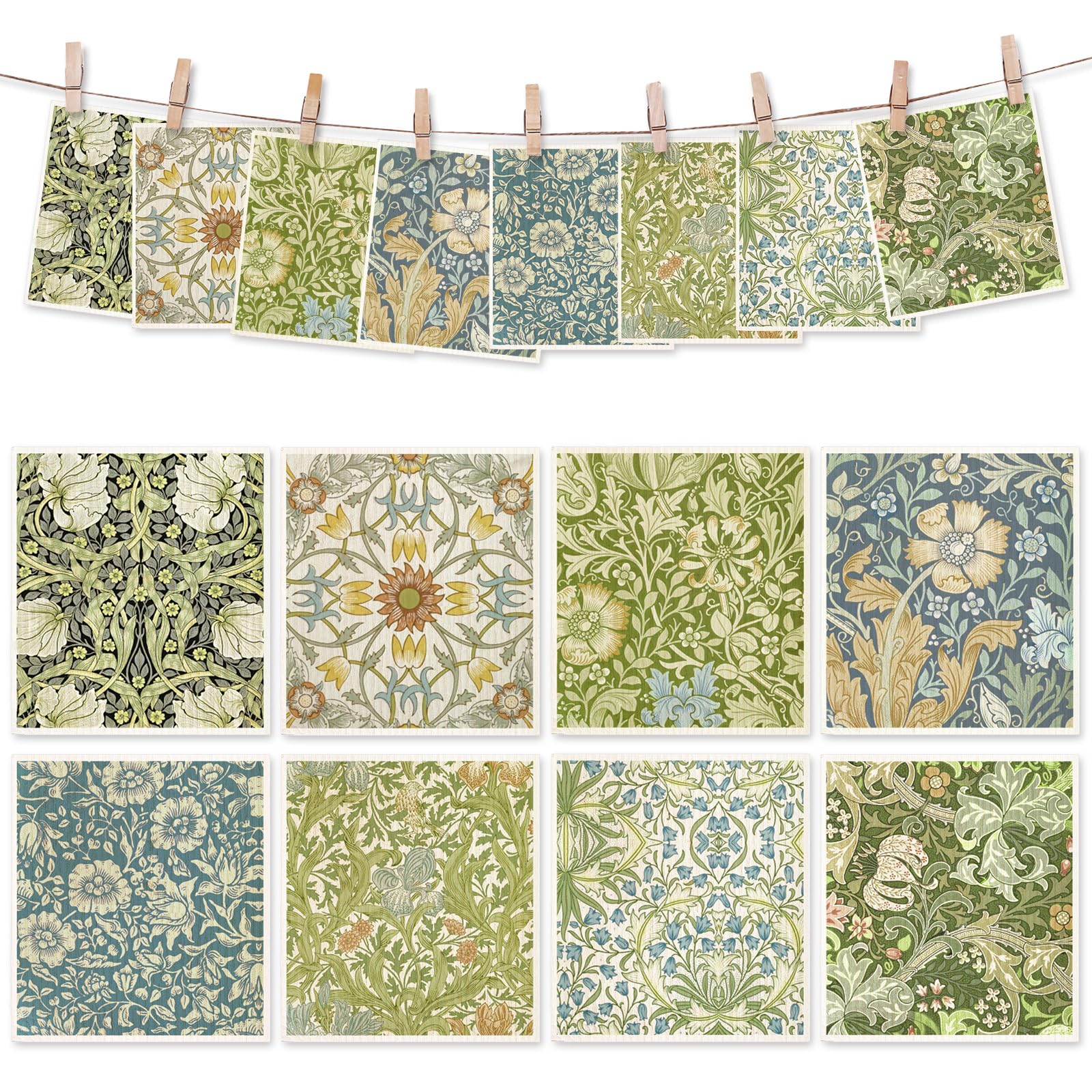 AnyDesign 8 Packs Vintage Floral Swedish Dishcloths Blue Green Flower Kitchen Dish Towel Reusable Washable Cotton Kitchen Towels for Home Party Cleaning Housewarming, 7 x 8 Inch