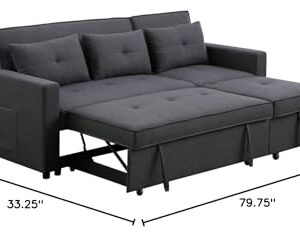 TUTB 80'' L-Shape Convertible Sleeper Sectional Sofa with Pull-Out Recliner and Bed, Side Pocket, Linen Corner 3 Person Couch for Home Furniture, Living Room, Apartment, Dorm, Dark Gray, 80