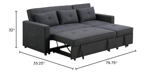 TUTB 80'' L-Shape Convertible Sleeper Sectional Sofa with Pull-Out Recliner and Bed, Side Pocket, Linen Corner 3 Person Couch for Home Furniture, Living Room, Apartment, Dorm, Dark Gray, 80