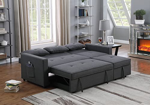 TUTB 80'' L-Shape Convertible Sleeper Sectional Sofa with Pull-Out Recliner and Bed, Side Pocket, Linen Corner 3 Person Couch for Home Furniture, Living Room, Apartment, Dorm, Dark Gray, 80