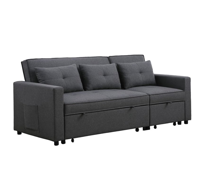 TUTB 80'' L-Shape Convertible Sleeper Sectional Sofa with Pull-Out Recliner and Bed, Side Pocket, Linen Corner 3 Person Couch for Home Furniture, Living Room, Apartment, Dorm, Dark Gray, 80