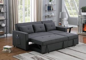 tutb 80'' l-shape convertible sleeper sectional sofa with pull-out recliner and bed, side pocket, linen corner 3 person couch for home furniture, living room, apartment, dorm, dark gray, 80