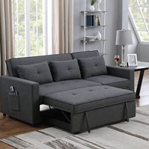 TUTB 80'' L-Shape Convertible Sleeper Sectional Sofa with Pull-Out Recliner and Bed, Side Pocket, Linen Corner 3 Person Couch for Home Furniture, Living Room, Apartment, Dorm, Dark Gray, 80