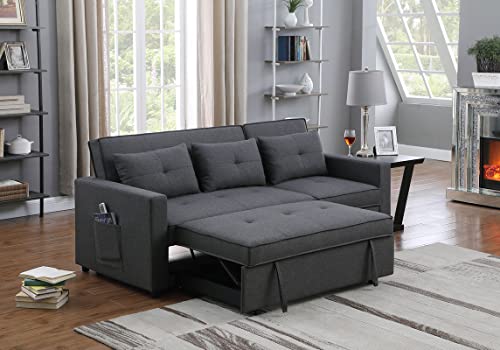 TUTB 80'' L-Shape Convertible Sleeper Sectional Sofa with Pull-Out Recliner and Bed, Side Pocket, Linen Corner 3 Person Couch for Home Furniture, Living Room, Apartment, Dorm, Dark Gray, 80