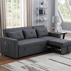 TUTB 80'' L-Shape Convertible Sleeper Sectional Sofa with Pull-Out Recliner and Bed, Side Pocket, Linen Corner 3 Person Couch for Home Furniture, Living Room, Apartment, Dorm, Dark Gray, 80