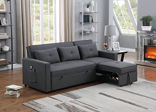 TUTB 80'' L-Shape Convertible Sleeper Sectional Sofa with Pull-Out Recliner and Bed, Side Pocket, Linen Corner 3 Person Couch for Home Furniture, Living Room, Apartment, Dorm, Dark Gray, 80