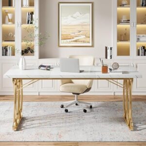 Tribesigns Executive Desk, 63" W Large Computer Desk, Modern Office Desk Conference Table Meeting Room Table, Business Furniture for Home Office, White and Gold