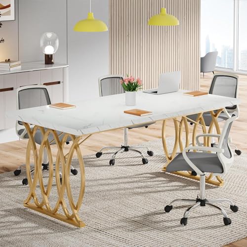 Tribesigns Executive Desk, 63" W Large Computer Desk, Modern Office Desk Conference Table Meeting Room Table, Business Furniture for Home Office, White and Gold