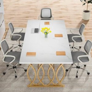 Tribesigns Executive Desk, 63" W Large Computer Desk, Modern Office Desk Conference Table Meeting Room Table, Business Furniture for Home Office, White and Gold