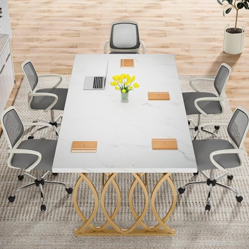 Tribesigns Executive Desk, 63" W Large Computer Desk, Modern Office Desk Conference Table Meeting Room Table, Business Furniture for Home Office, White and Gold