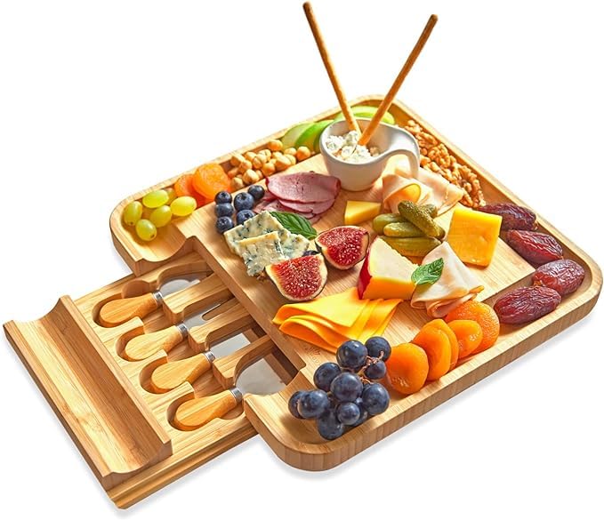 RoyalHouse Unique Bamboo Cheese Board and Knife Set with Slide-Out Cutlery Drawer - Charcuterie Boards Set & Cheese Platter - Anniversary, Wedding and Housewarming Gift