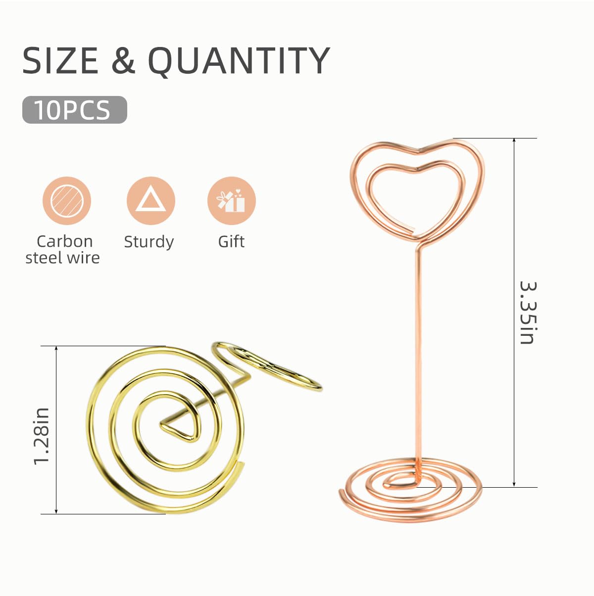 10 Pcs Table Number Holders Heart Shaped Table Number Stand Place Card Holder Mini Wire Table Card Holder Picture Photo Holders Clips for Centerpieces Wedding Party Memo Menu Stands (Gold + Rose Gold)