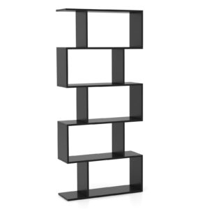 Giantex 5-Tier Geometric Bookshelf Black, 62.5" Tall Wood S-Shaped Bookcase with Anti-Tipping Device, Floor Standing Display Shelf for Bedroom, Living Room, Study