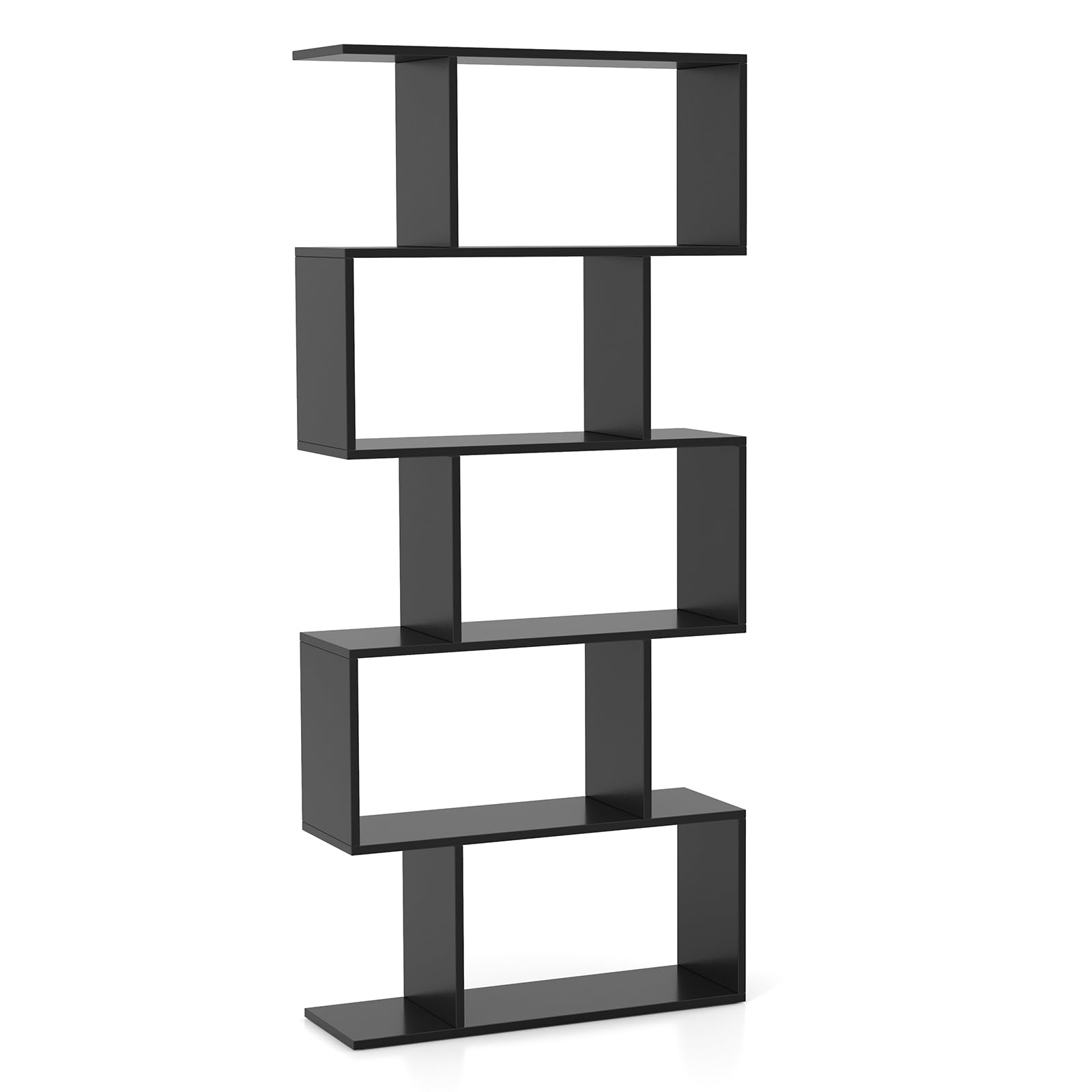 Giantex 5-Tier Geometric Bookshelf Black, 62.5" Tall Wood S-Shaped Bookcase with Anti-Tipping Device, Floor Standing Display Shelf for Bedroom, Living Room, Study