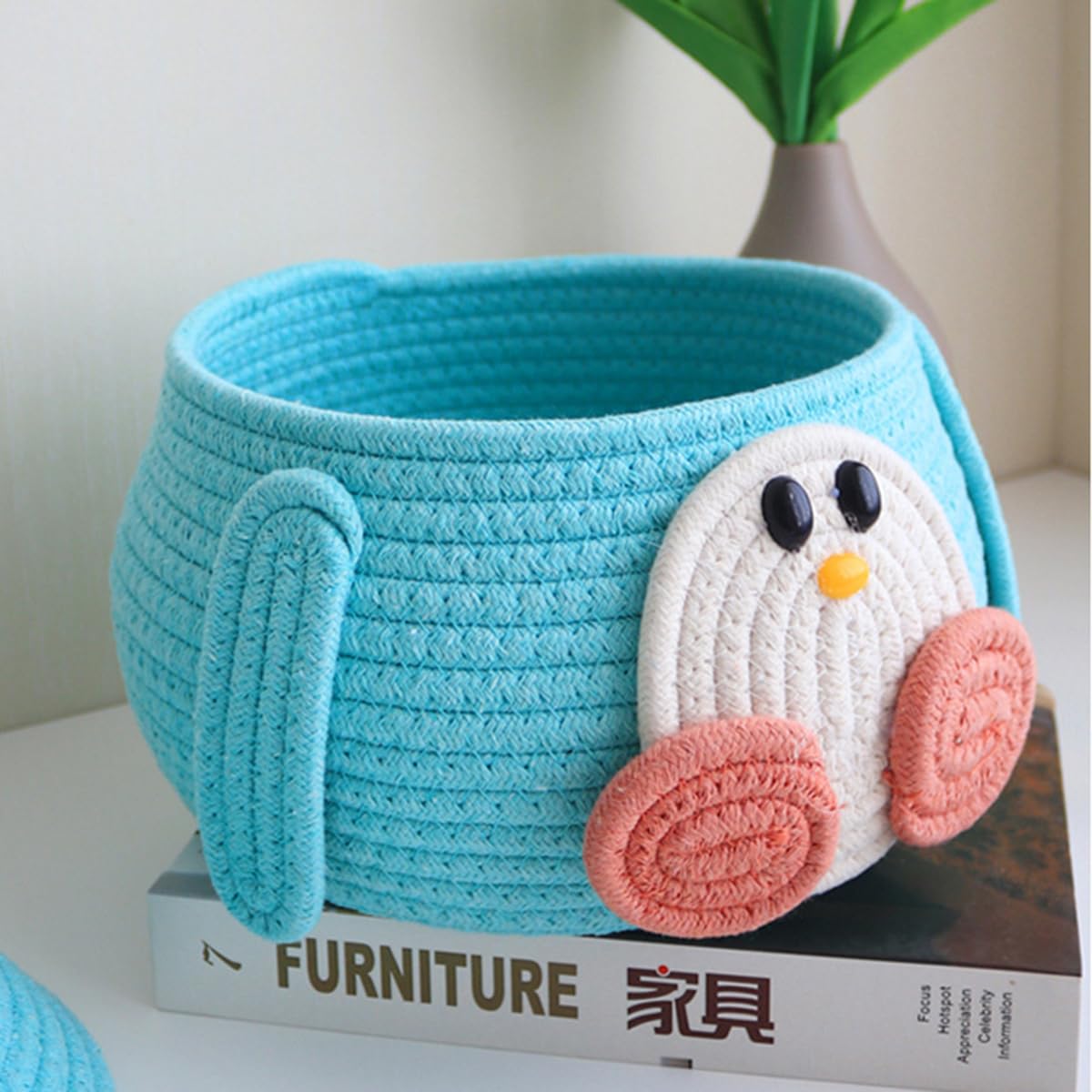 JARPSIRY Small Round Cotton Rope Woven Storage Basket with Lid, Cute Cartoon Animal Shaped Decorative Storage Bin Box, Caddy Organizer, Container for Snacks and Toys (Penguin)