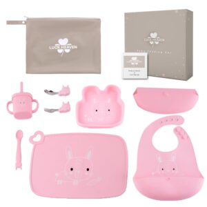 luck heaven - silicone baby feeding set(rabbit), baby led weaning supplies with suction bowl, toddler self feeding dish set with spoons forks sippy cup adjustable bib