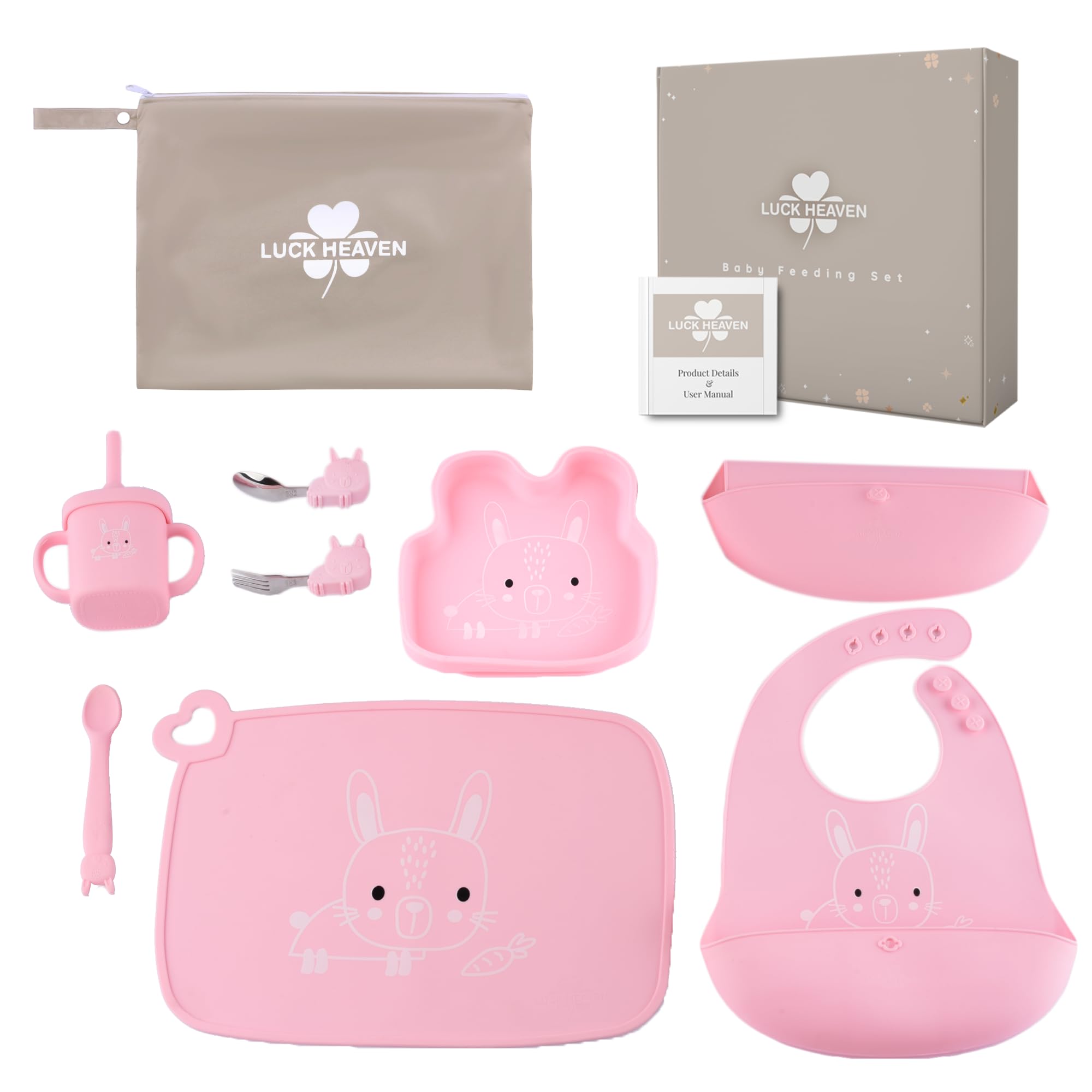 LUCK HEAVEN - Silicone Baby Feeding Set(Rabbit), Baby Led Weaning Supplies with Suction Bowl, Toddler Self Feeding Dish Set with Spoons Forks Sippy Cup Adjustable Bib