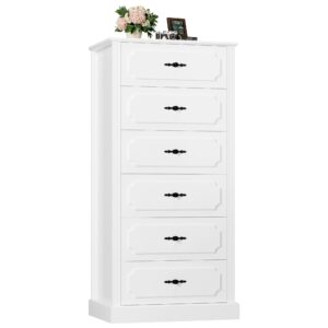 FINETONES 6 Drawer White Dresser, 51" Tall White Dresser Chest of Drawers, Tall Dresser White 6 Drawer Dresser with Large Storage Space, Modern Storage Chest of Drawers, Super Stable Base