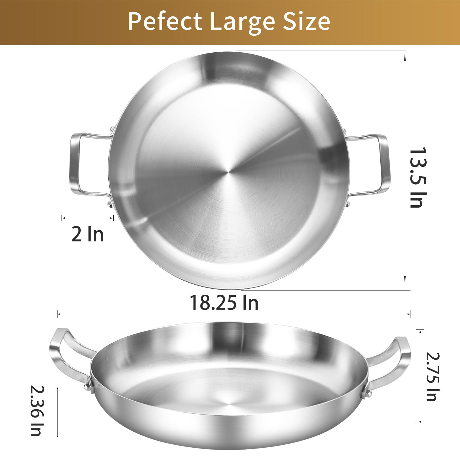 Inqibee 13-Inch Tri-Ply Stainless Steel Paella Pan, Large Skillet,Griddle Pan,Large Frying Pan,Jumbo Cooker,Induction Cookware,Dishwasher and Oven Safe.