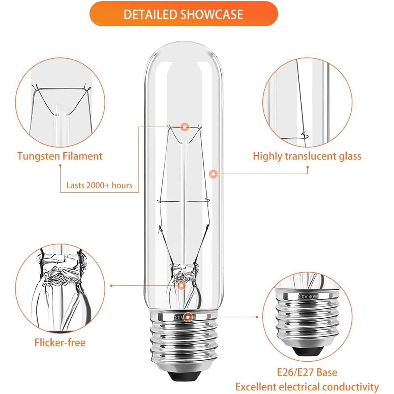 6-Pack 40 Watt T10 Clear Tubular Incandescent Light Bulb, Vintage Style Showcase Bulb,Showcase lamp, 2700K Soft White, E26 Medium Base, 280 Lumens,T10 Tubular Bulb