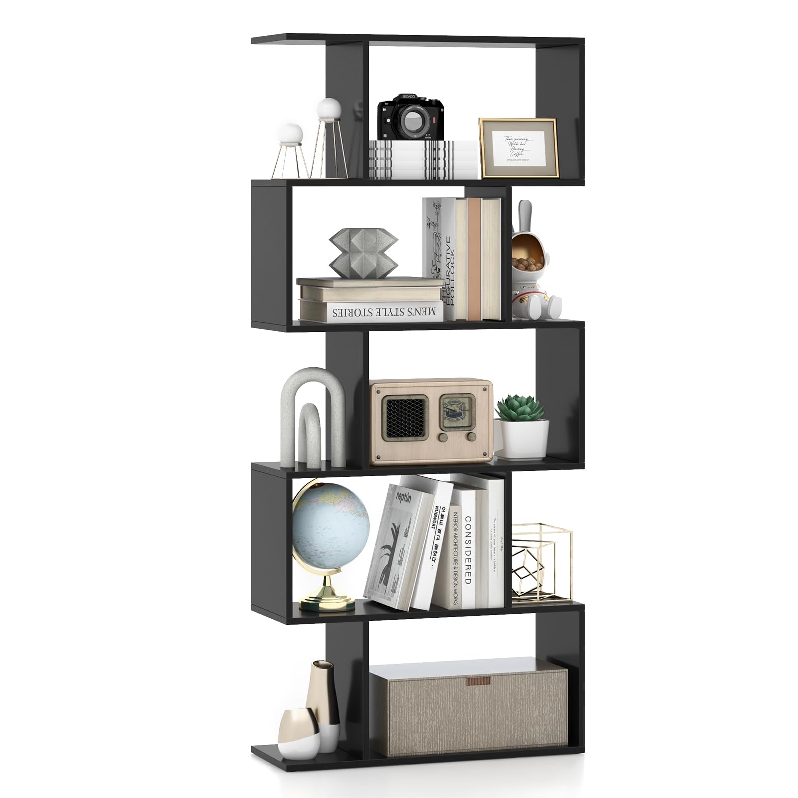 Giantex 5-Tier Geometric Bookshelf Black, 62.5" Tall Wood S-Shaped Bookcase with Anti-Tipping Device, Floor Standing Display Shelf for Bedroom, Living Room, Study