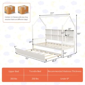 Giantex Twin House Bed with Trundle, Solid Wood Bed Frame with Roof & 8 Cube Bookcase, Wooden Slatted Support Bed Frame for Girls, Boys, No Box Spring Needed, White