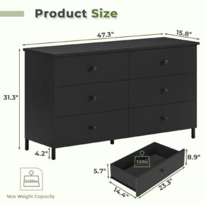 Hasuit 6 Drawers Double Dresser, Wooden Dresser with Heavy Sturdy Steel Frame, Large Capacity Storage Chest of Drawers, Black Dresser for Bedroom, Living Room, Entryway