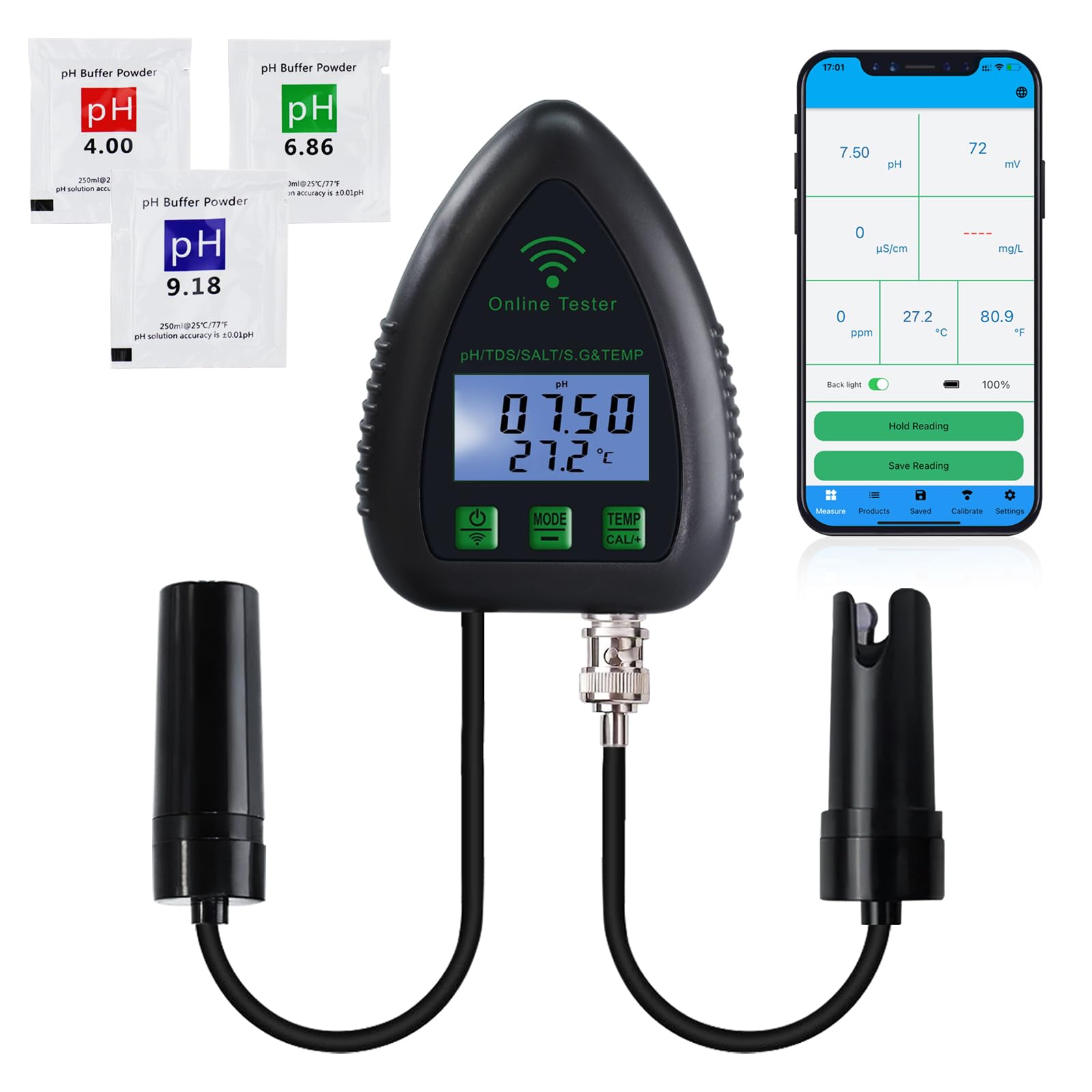 5-in-1 WiFi pH Monitor, Water Quality Tester, pH/S.G/TDS/Salt/Temperature 24/7 Online Hydroponic Monitoring WiFi Tester with Data Logging and Alarm for Aquarium Fish Pond Saltwater Pool