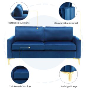 65'' Blue Couch for Small Space, Modern Comfy Upholstered 2-Seater Tufted Velvet Love Seat Sofa Couches for Livingroom Bedroom Apartment Furniture, Soft Foam Pocket Spring Hybrid Cushioned, Gold Leg