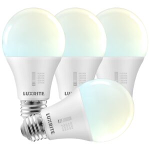 luxrite a19 led light bulb 100 watt equivalent, cri90, 5cct selectable 2700k 3000k 3500k 4000k 5000k, dimmable, 1600lm, standard led light bulbs 15w, e26 medium base, etl - indoor outdoor (4 pack)