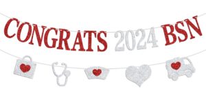 congrats 2024 bsn banner - nurse grad party decoration supplies - nursing school survivor graduation party bunting sign/photo props, silver and red glitter