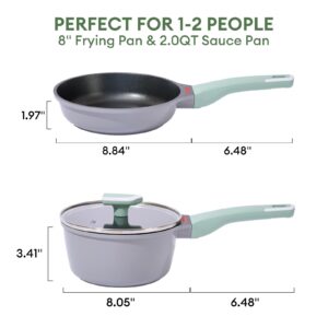 JEETEE Pots and Pans Set Nonstick 3 Pcs, Induction Cookware Sets with Stay Cool Handle, 8 Inch Frying Pan and 2.0 Quart Saucepan with Lid, PFOS PFOA Free, (Induction, Gas, Ceramic & Electric Stove)