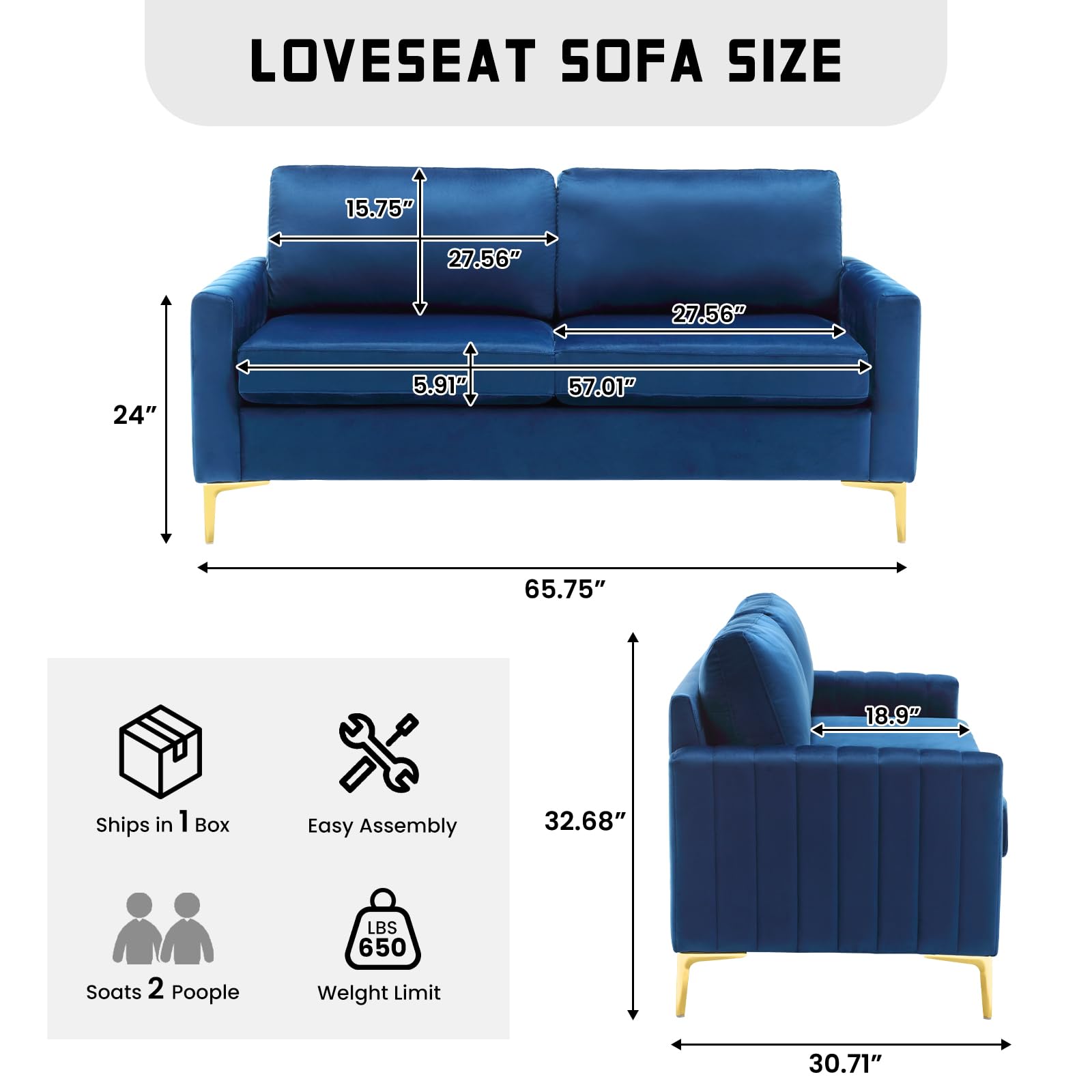 65'' Blue Couch for Small Space, Modern Comfy Upholstered 2-Seater Tufted Velvet Love Seat Sofa Couches for Livingroom Bedroom Apartment Furniture, Soft Foam Pocket Spring Hybrid Cushioned, Gold Leg