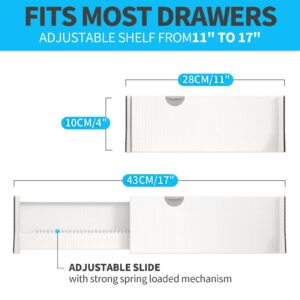 NTQNOIKA Drawer Dividers Organizer 6 Pack, Adjustable Separators 4" High Expandable from 11-17" for Bedroom, Bathroom, Closet, Clothing, Office, Kitchen (White, 6 PACK)