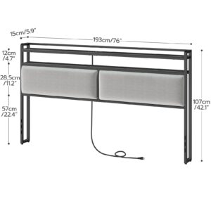 HOOBRO King Size Upholstered Headboard, Storage Headboard with Charging Station and Adjustable LED Lights, 2 Standard Outlets and 2 USB Ports, King Headboard Only, Easy Assembly, Black and Gray