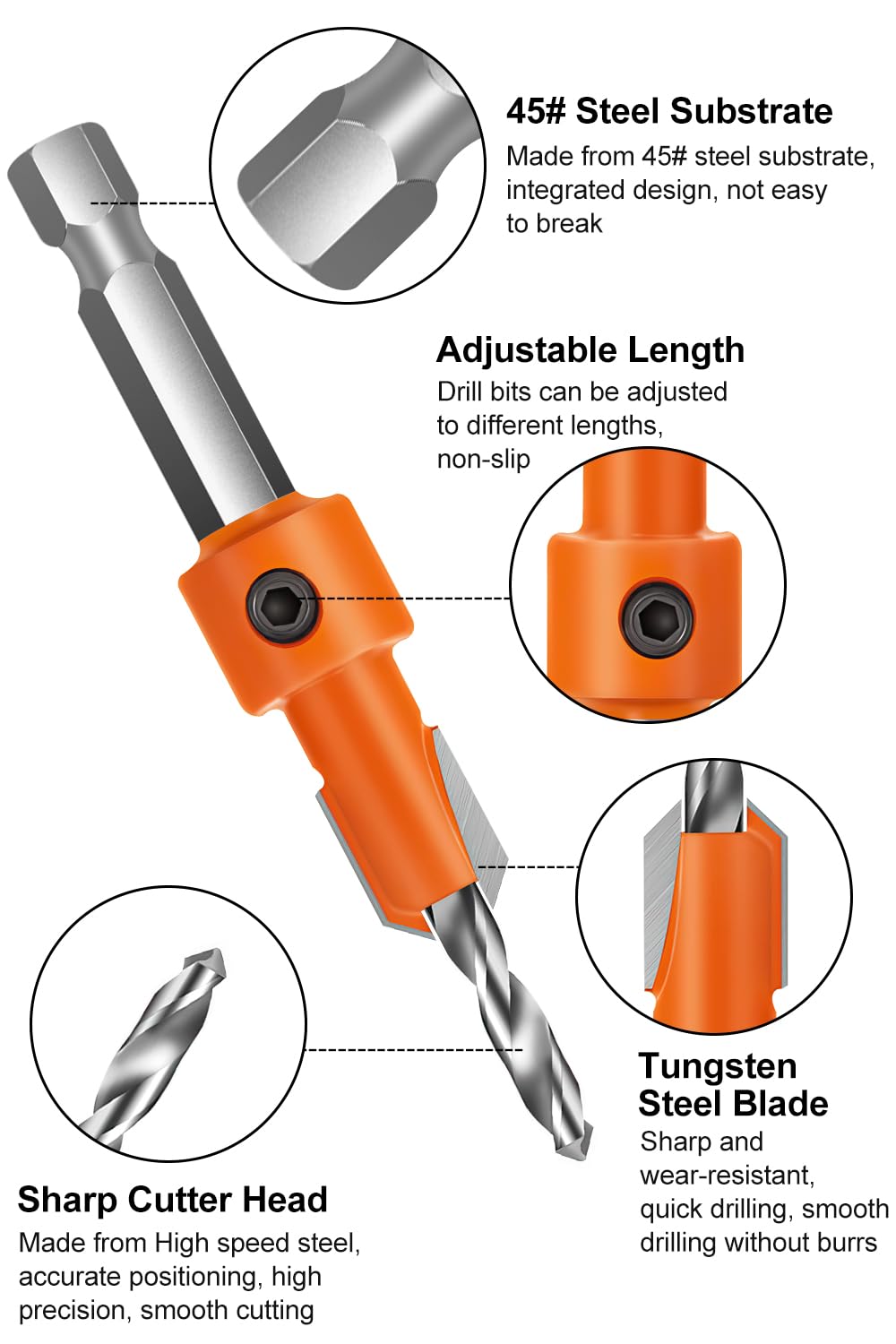 Lytool Countersink Drill Bit Set,5Pcs Counter Sink Drill Bit for Wood,1/4" Hex Shank Tapered Drill Bits for Woodworking and Carpentry,Quick Change and Allen Wrench for Woodworking,Pilot Screw Hole Set