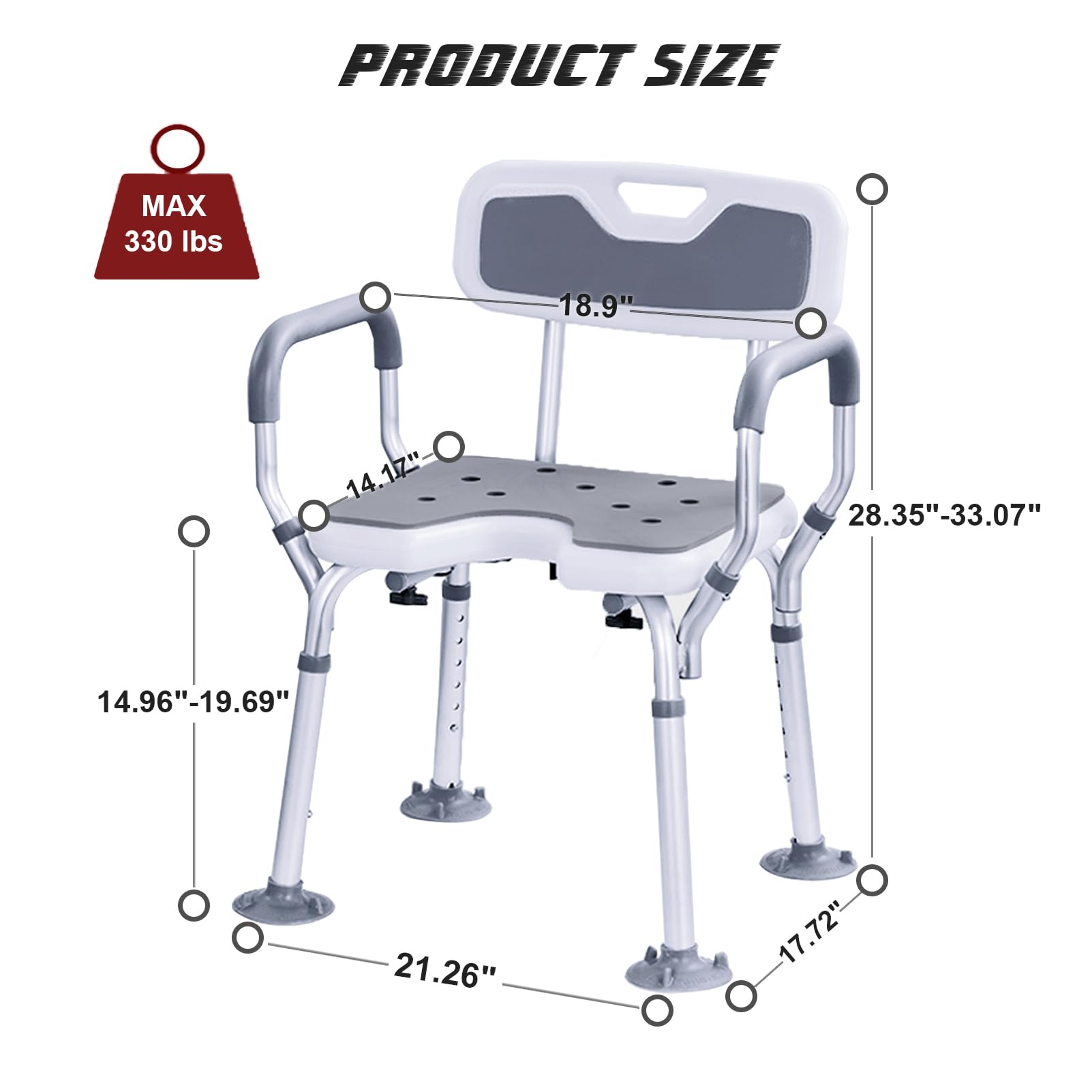 Shower Chair for Inside Shower,Cut Out Shower Bench Wide Handicap Shower Bench for Elderly and Disabled,Bath Seat Stool with Arms and Back,Heavy Duty 330lbs Bathroom Chair for Seniors for Shower Stall